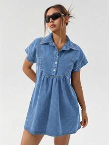 SHEIN PETITE Women's Casual Short Denim Dress ,Petite Women - Light Wash - View 4