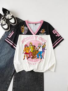 SCOOBY-DOO X SHEIN 大码女式字母卡通印花V领短袖休闲T恤 - 白色 - 查看 1
