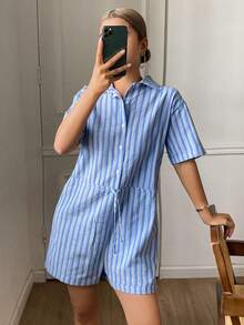 DAZY Beach Resort Style Striped Short Jumpsuit For Women - Blue - View 5