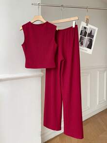 SHEIN EZwear 红色前扣吊带背心和裤子通勤日常穿着套装 - 酒紅色 - 查看 3