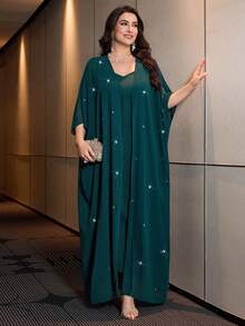 Modelyn Damen Große Größen Mode Bankett Diamant Dekor Lange Chiffon Strickjacke, Elegantes Maxikleid mit Spaghettiträgern und Reißverschluss mit Jacke mit langen Ärmeln, bequemes 2-teiliges Set - Dunkelgrün - Übersicht 7