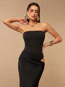 Silquee Vestido de punto y satén sin tirantes con parches, primavera/verano - Negro - Ver 5