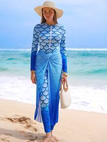 Swim Shayni Bộ bikini 3 món in họa tiết đại dương chuyển sắc dành cho nữ: Áo dài tay in họa tiết chuyển sắc, quần in họa tiết chuyển sắc và chân váy lưới chuyển sắc màu xanh dương, đồ bơi đi biển thường ngày dành cho phụ nữ Trung Đông. - Nhiều màu - Xem 3