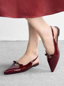 CUCCOO BIZCHIC Sandalias planas para mujer, de piel de patente color vino tinto con punta puntiaguda y sin talón, con hebilla decorada con cristales, elegantes y versátiles para el trabajo y las citas - Burdeos - Ver 4
