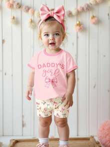 SHEIN LMoss Kids 女婴休闲简约圆领宽松短袖T恤和紧身骑行短裤套装，适合春夏穿着 - 彩色 - 查看 3