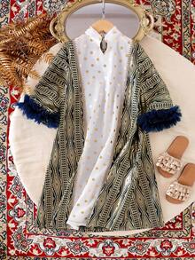 Youth Girls Royal Blue Vacation Dress Long Length A Line With Geometric Pattern Three Quarter Sleeves Notched Neck And Button Front - Royal Blue - View 6