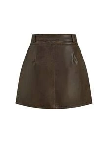 Ellevyn Decorative Button Solid Color Fitted Stylish A-Line PU Mini Skirt - Brown - View 2