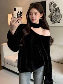 DAZY 女士优雅休闲通勤简约纯色宽松高领蓬松针织毛衣，秋冬款 - 黑色 - 查看 3