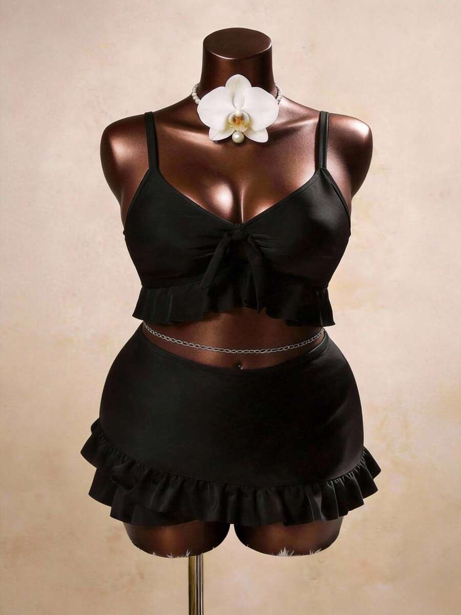 Auralis Plus Size Women's Black Solid Fashion Front Bow Tie Ruffle Hem Adjustable Strap Camisole Top And Bodycon Skirt Swimwear Set,Summer Beach Holiday - Black - View 1