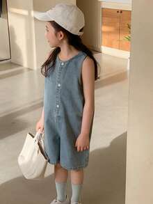 DAZY 年轻女孩夏季休闲度假通勤无袖宽松牛仔连体裤，半扣设计 - 藍色 - 查看 5