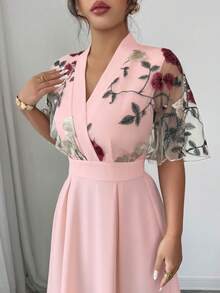 Rafferiza 女士V领撞色网纱刺绣优雅杏色长裙 - 粉色 - 查看 5