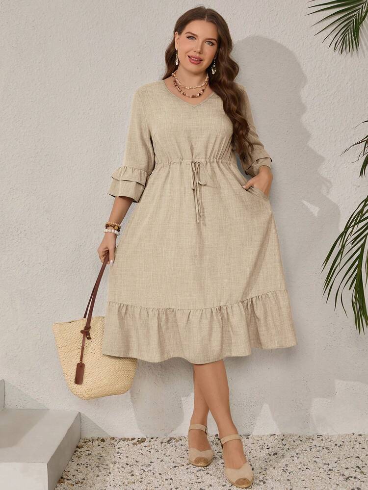 Plus Size Solid Color V-Neck Ruffle Hem Slant Pocket Casual Dress