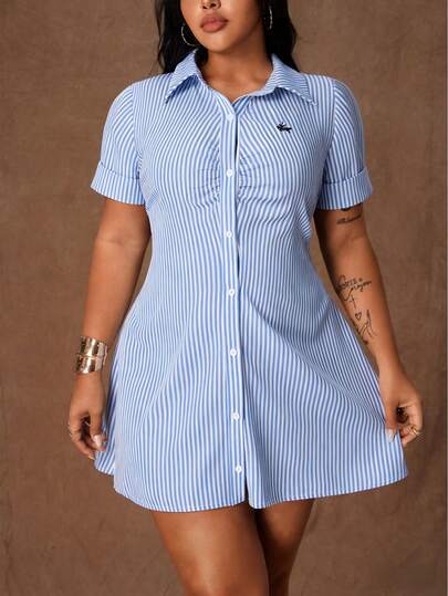 Rustia Plus Size Women Knight Pattern Short Sleeve Single-Breasted Shirt Striped Dress