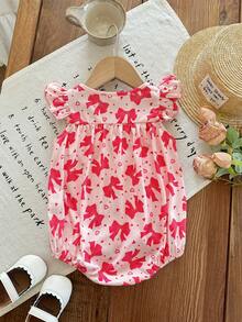 SHEIN Newborn Baby Girl Cute Summer Knitted Bow Decor Flutter Sleeve Bodysuit - Red - View 2