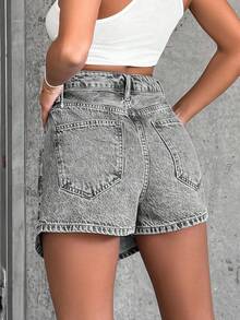 EURMUSE 100% Pure Cotton Rigid Denim Skirt With Split Design - Grey - View 2
