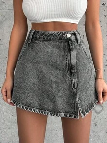 EURMUSE 100%Cotton Rigid, Slit Detailed Skort Fit - Light Grey - View 7