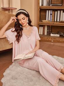 SHEIN Summer Solid Color Loose Lace Patchwork Bow Decor Short Sleeve Top And Wide Leg Pants Pajama Set - Coral Orange - View 1