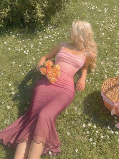 SHEIN MOD 粉色渐变垂褶领美人鱼长裙——完美适用于度假、浪漫场合、海滩度假、约会、野餐、派对、舞会、节日和生日；浪漫复古宫廷风格