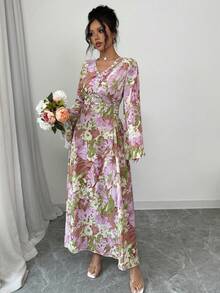 Al Najma 女士印花V领贴花长袖阿拉伯连衣裙 - 彩色 - 查看 6