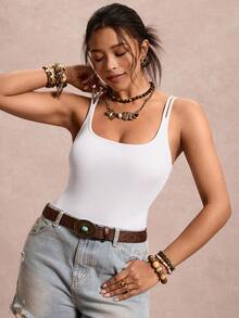 Freevana 波西米亚风休闲通勤白色双肩带吊带背心，罗纹修身露背短款上衣，百搭修身叠穿或外搭 - 白色 - 查看 5