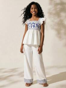 SHEIN White National Style Blue Embroidered Top & Wide Leg Pants Set, Summer Casual Holiday Tea Party Outfit, Square Collar Waist Doll Shirt For Tween Girl - Blue and White - View 7