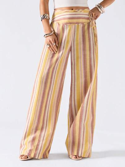 LYSMO Plus Size Casual Vacation Style Colorful Striped Relaxed Fit Tie-Up Lightweight Pants, Summer