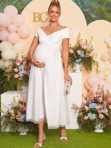 Loomaby Maternity Solid V-Neck Ruched Casual Party Dress,Gender Reveal Dress,Maternity Dress, Baby Shower Dress - White - View 6