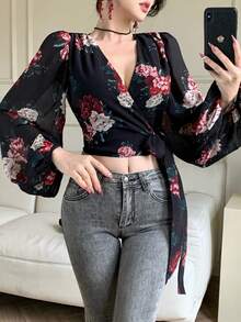 DAZY Women's V-Neck Printed Long Sleeve Cropped Tie-Front Elegant Blouse - Multicolor - View 3