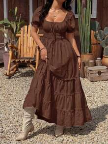 SHEIN EZwear White Vacation Women's Off-Shoulder Tie-Up Dress,Summer Dress,Vacation Dress Women's Summer Dresses Women Clothes Dress Brown Off Shoulder Dress Rustic Color Dress Long Tiered Dress,Summer Dresses For Women Brown Dresses For Ladies Zanea Dress For Woman Brown Cowgirl Dress Latest Dress - Chocolate Brown - View 5