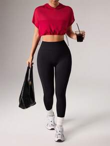 Women's Solid Color Short Sleeve Drawstring Hem Hooded Cropped Sweatshirt - Burgundy - View 5