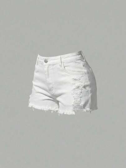 Girlism Shorts vaqueros de cintura baja con rotos y dobladillo deshilachado, color blanco, estilo Y2K para adolescentes, primavera y verano, vacaciones, playa, concierto, rave, festival, casual, Día de San Valentín