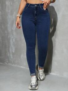 SHEIN EZwear 女士时尚休闲斜插口袋弹力修身牛仔裤 - 深色水洗藍 - 查看 4
