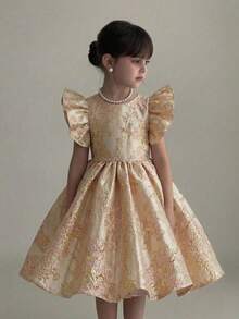 SHEIN Vestido infantil feminino de modelagem solta, manga flare, gola redonda, detalhe de babado na barra e fenda, amarelo claro. - Amarelo - Ver 1