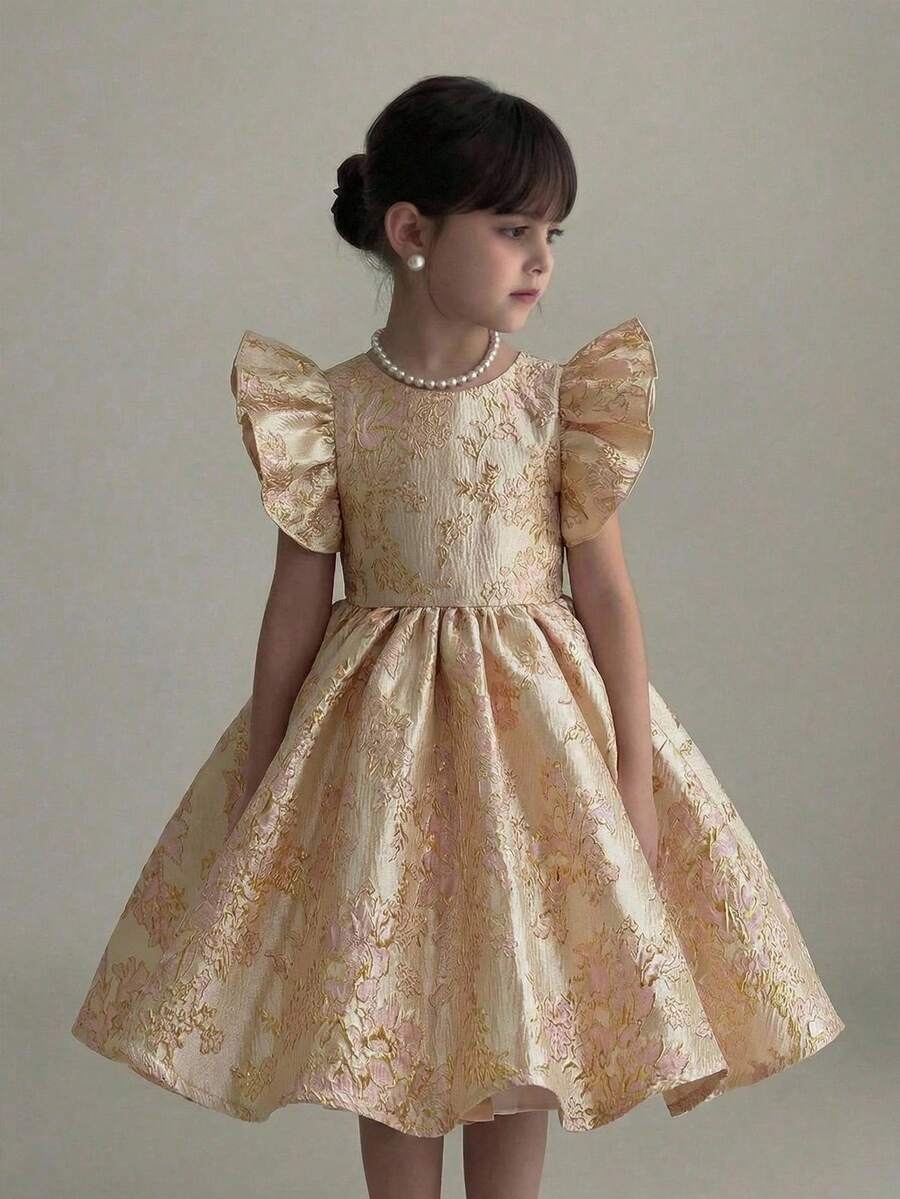 SHEIN Vestido infantil feminino de modelagem solta, manga flare, gola redonda, detalhe de babado na barra e fenda, amarelo claro. - Amarelo - Ver 1