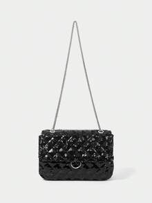 SHECARRY Party Sequined Quilted Flip Bag Slanted Shoulder Bag, Suitable For Dinners And Parties - Black - View 3