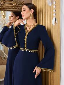 Al Najma Women's Sequin Trim V-Neck Flare Sleeve Arabic Style Dress - Navy Blue - View 2