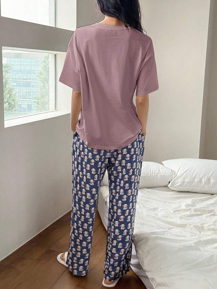 2pcs Women Summer Pajama Set: Loose Graphic Short Sleeve T-Shirt & Long Straight Leg Allover Print Shorts