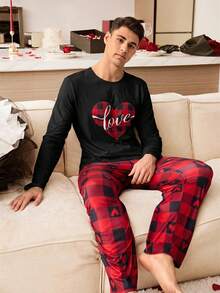 CoupledUp 2 piezas Conjunto de pijama a cuadros con estampado de corazón para hombre, ropa de estar en casa para parejas - Multicolor - Ver 7