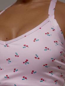 Musera Sport 樱桃印花深V领交叉露背绑带运动文胸，适合日常穿着，适合健身、运动、普拉提、日常休闲等场合，适合夏季穿着。 - 粉色 - 查看 6
