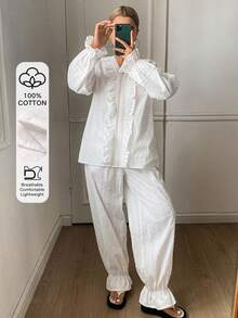 DAZY Korean Style 3D Polka Dot Fabric Ruffle Trim Patchwork Women Pajama Set - White - View 5