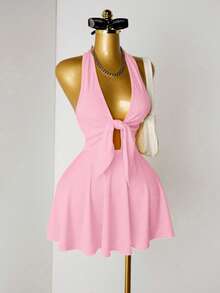 Mistrie Women's Solid Color Halter Backless Twist Front Dress - Pink - View 3