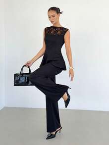 Siren Gaze Women's Lace Patchwork Cap Sleeve Top And Wide Leg Pants Casual Commuter Outfit Black Two Piece Set Women - Black - View 1
