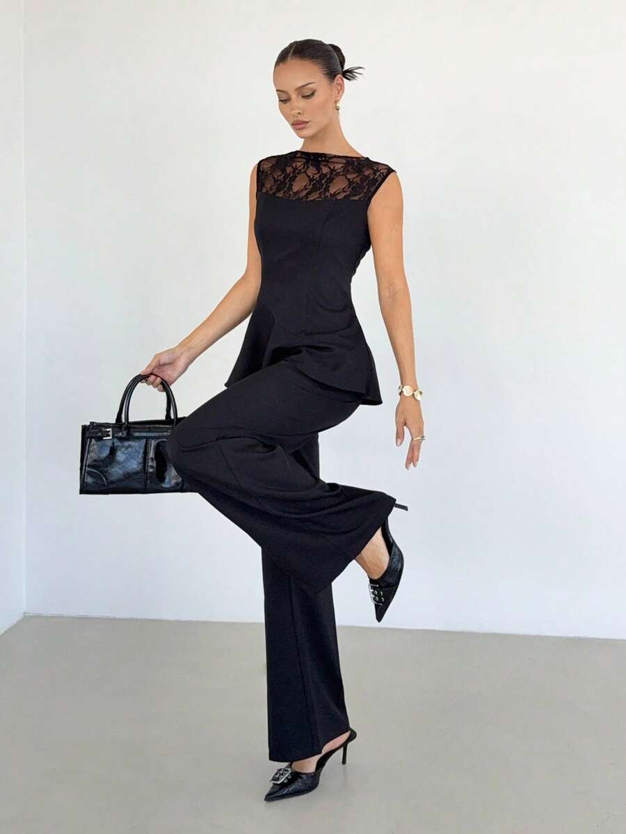 Siren Gaze Women's Lace Patchwork Cap Sleeve Top And Wide Leg Pants Casual Commuter Outfit Black Two Piece Set Women - Black - View 1