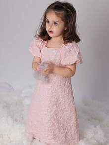 Dazy Kids Young Girl Jacquard Square Collar Petal Sleeve Dress Summer - Pink - View 3