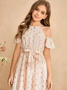 Vestido elegante y lujoso de color rosa con diseño de hombros descubiertos, cintura ceñida y ajuste cómodo para niñas preadolescentes - Rosa - Ver 7