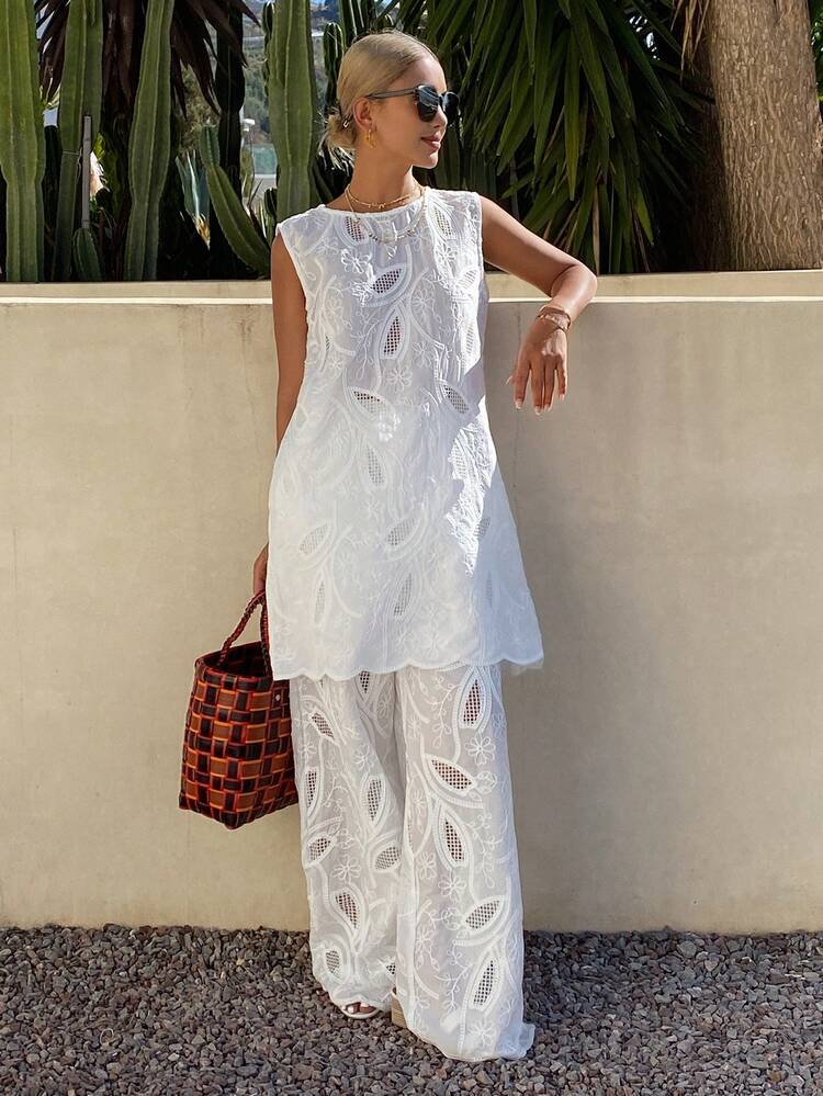 DAZY Vestido Longo Elegante Feminino de Duas Peças com Textura de Renda Floral Vazada e Calça Pantalona, Adequado para Férias de Verão - Branco - Visão 6