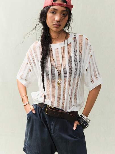 SoleilVie Suéter holgado y suelto de unicolor y hueco para mujer, de verano