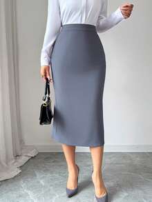 Elenzga Women's Elegant Fitted Pleated Pencil Skirt - Dark Grey - View 2