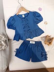 Emery Rose Kids Emery Rose Kids 2pcs/Set Young Girl Casual Comfortable Round Neck Puff Sleeve Ruffle Bow Decor Shirt And Shorts Set,Kids - Blue - View 5