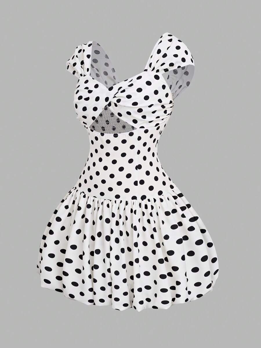 GlowEve Fashionable New Elegant Delicate Vacation Hollow Out Off Shoulder Polka Dot Ruffle Dress - White - View 1